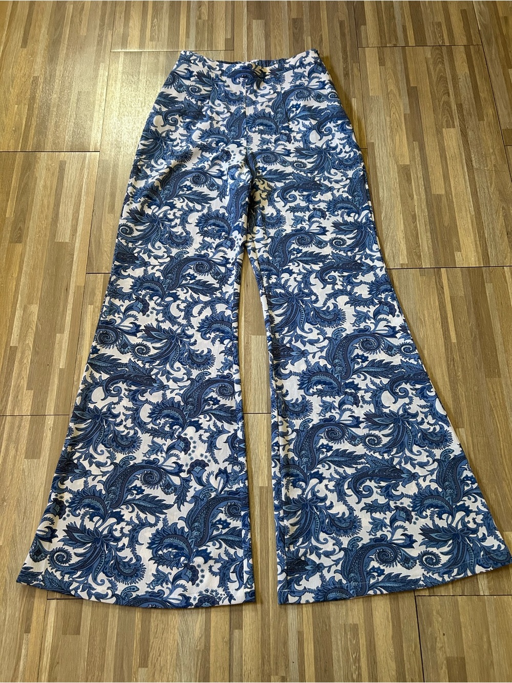 Show Me Your Mumu Ibiza Blue & White Paisley Wide-Leg Flare Pants Size Large